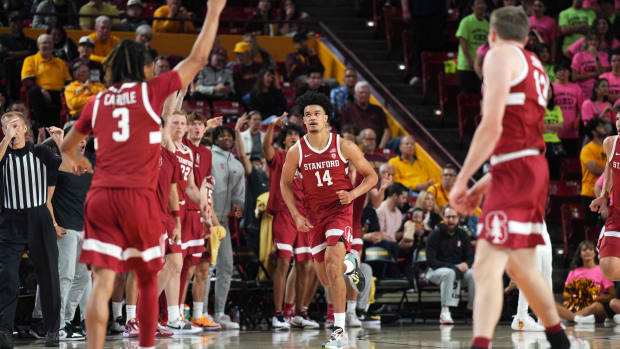 Feb 1, 2024; Tempe, Arizona, USA; Stanford Cardinal forward Spencer Jones (14) reacts after making a three point basket against the Arizona State Sun Devils during the second half at Desert Financial Arena. Mandatory Credit: Joe Camporeale-USA TODAY Sports